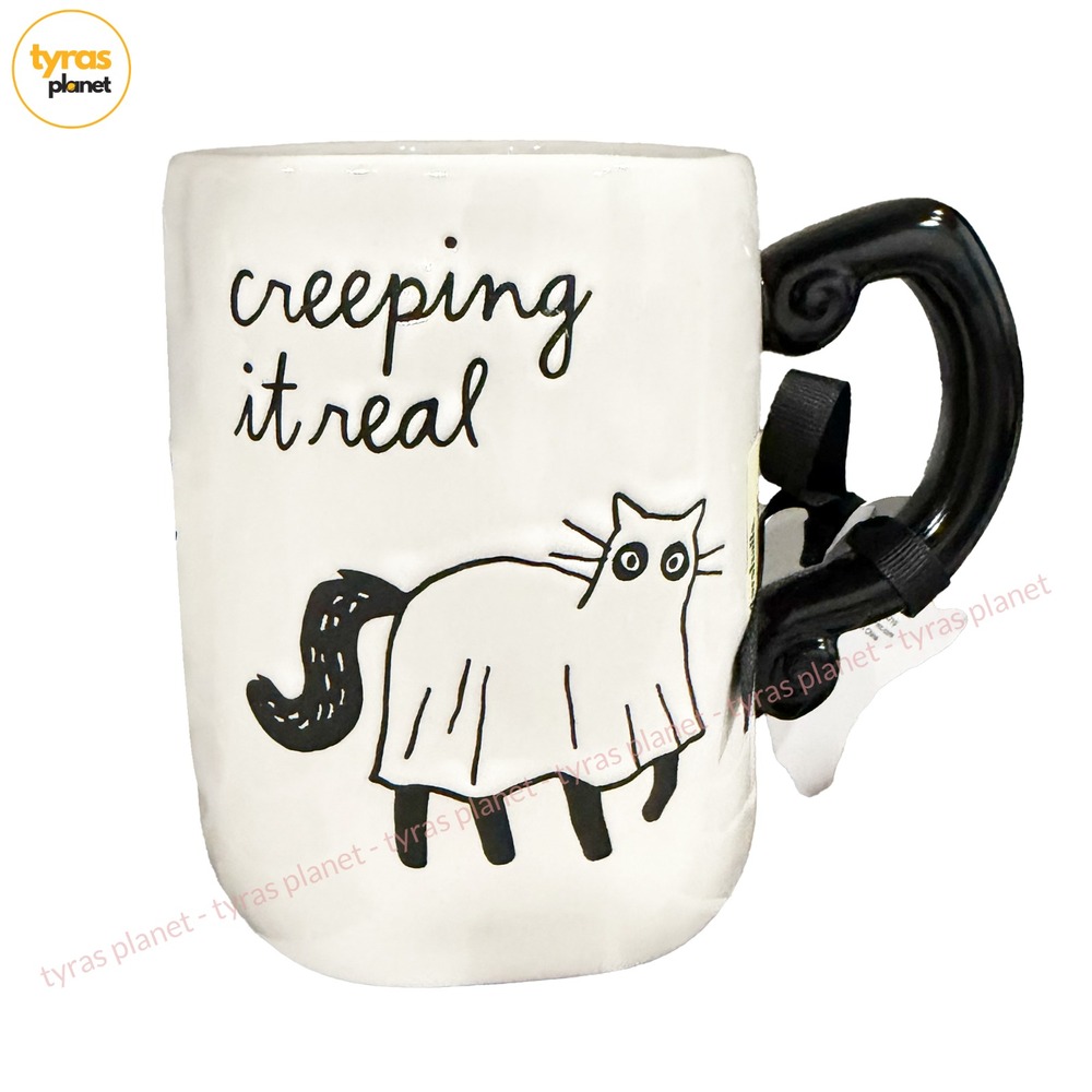Rae Dunn Creeping It Real Mug – Halloween Cat Ghost Black Handle Coffee Cup NWT